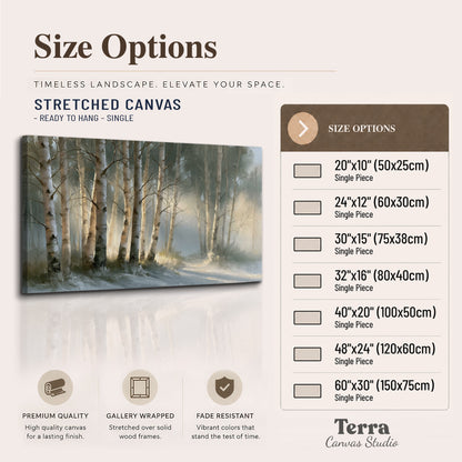 A softly lit woodland path winding between pale birch trunks single canvas wall art available dimensions