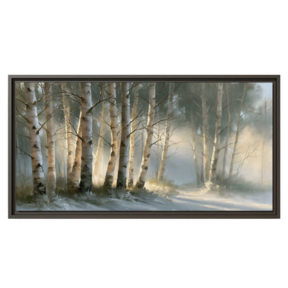 A softly lit woodland path winding between pale birch trunks single framed canvas wall art viewed straight on