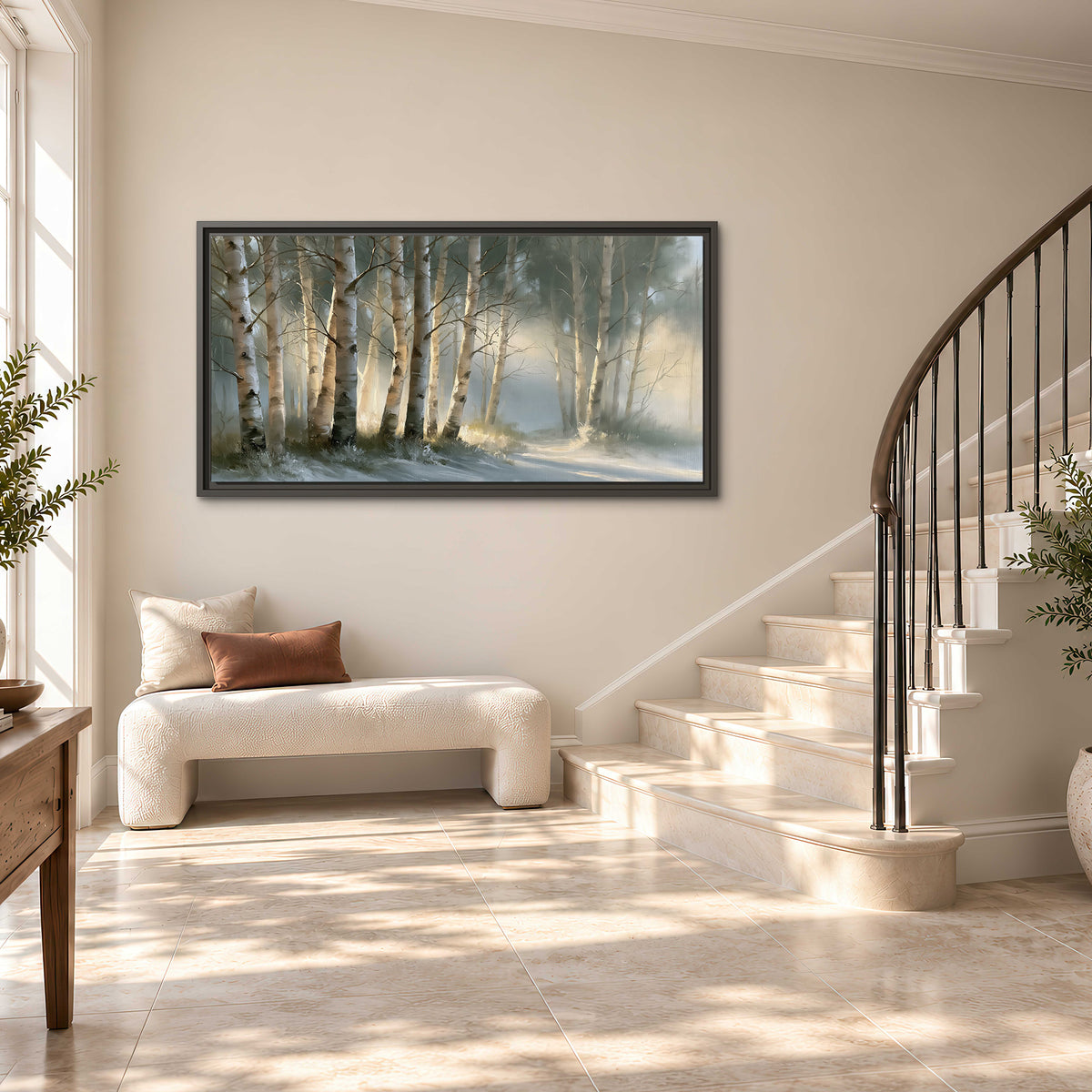 A softly lit woodland path winding between pale birch trunks single framed canvas wall art styled in an interior
