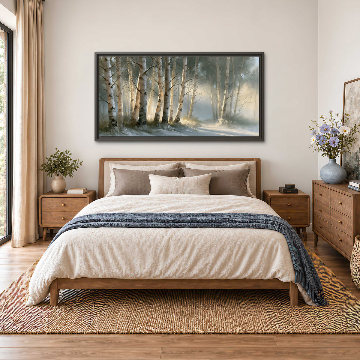 A softly lit woodland path winding between pale birch trunks single framed canvas wall art styled in an interior