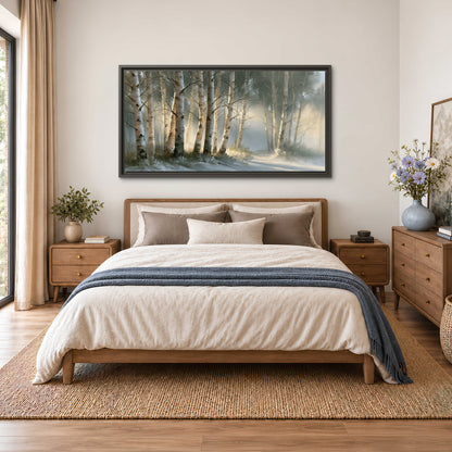 A softly lit woodland path winding between pale birch trunks single framed canvas wall art styled in an interior