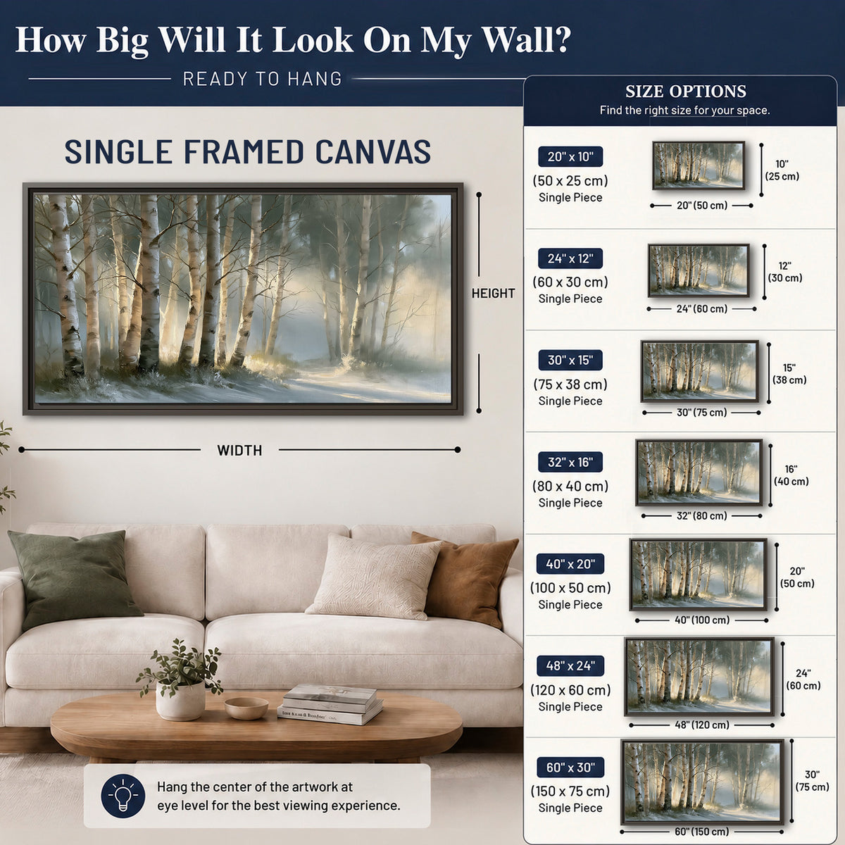 A softly lit woodland path winding between pale birch trunks single framed canvas wall art size guide above a sofa; room view is illustrative