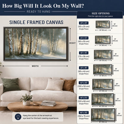 A softly lit woodland path winding between pale birch trunks single framed canvas wall art size guide above a sofa; room view is illustrative