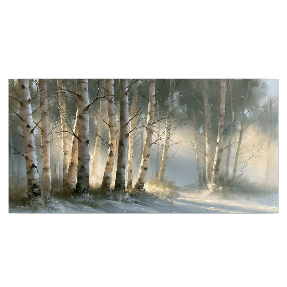 A softly lit woodland path winding between pale birch trunks single poster print viewed straight on