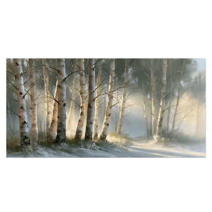 A softly lit woodland path winding between pale birch trunks single poster print viewed straight on