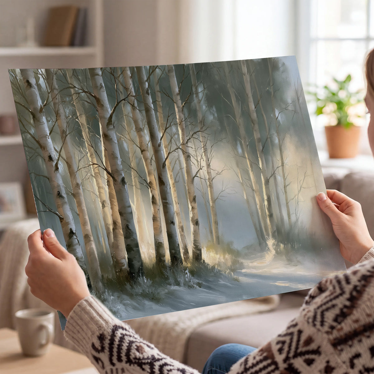 A softly lit woodland path winding between pale birch trunks single poster print held in hands