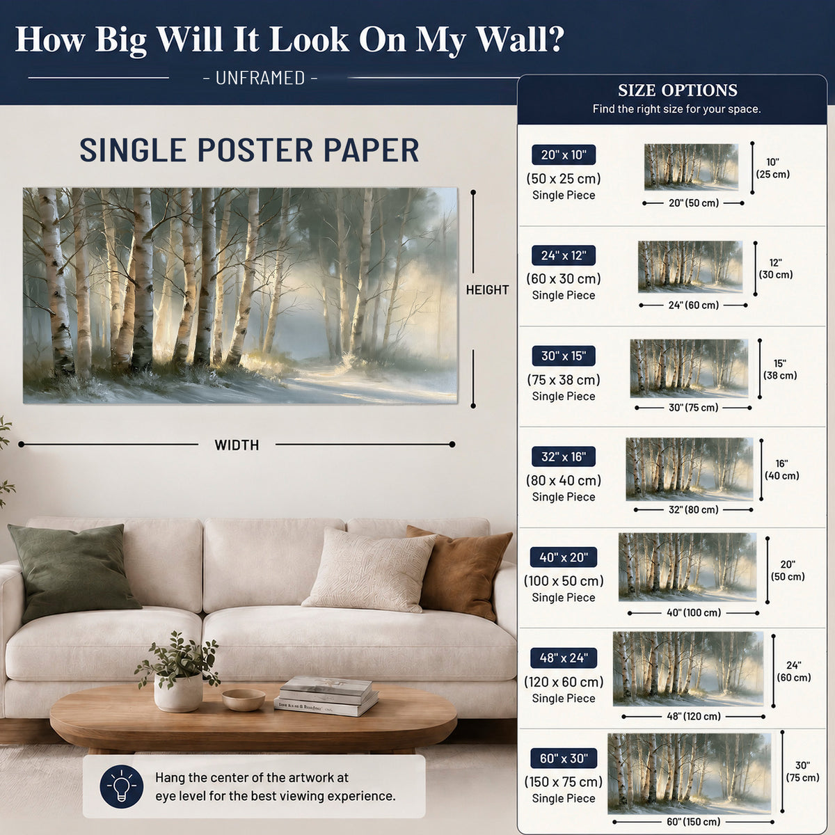 A softly lit woodland path winding between pale birch trunks single poster print size guide above a sofa; room view is illustrative