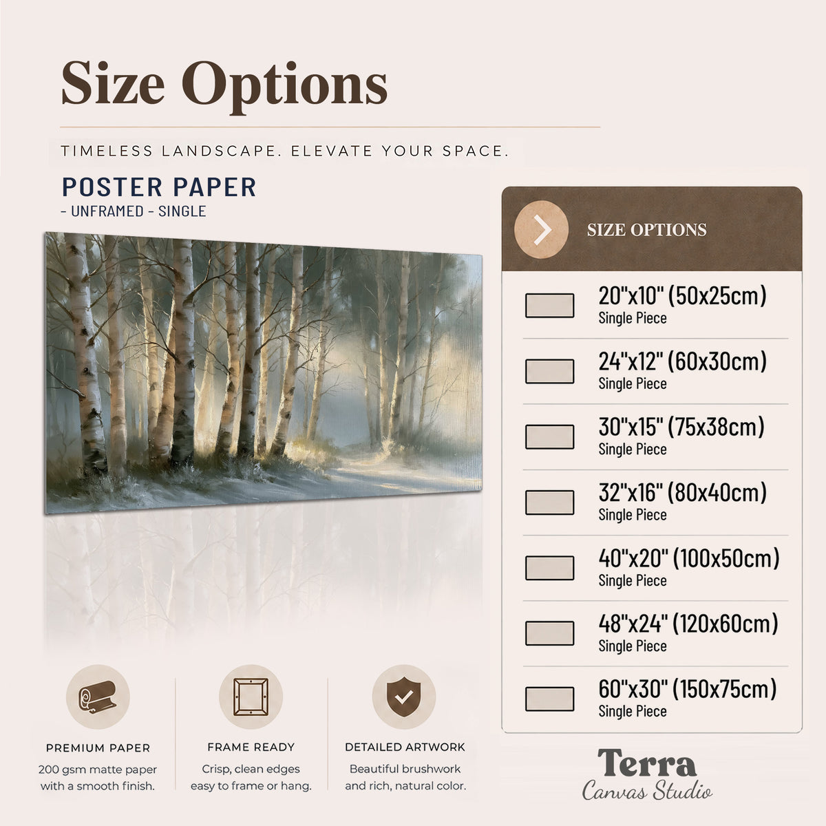 A softly lit woodland path winding between pale birch trunks single poster print available dimensions