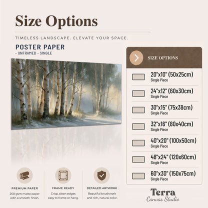 A softly lit woodland path winding between pale birch trunks single poster print available dimensions