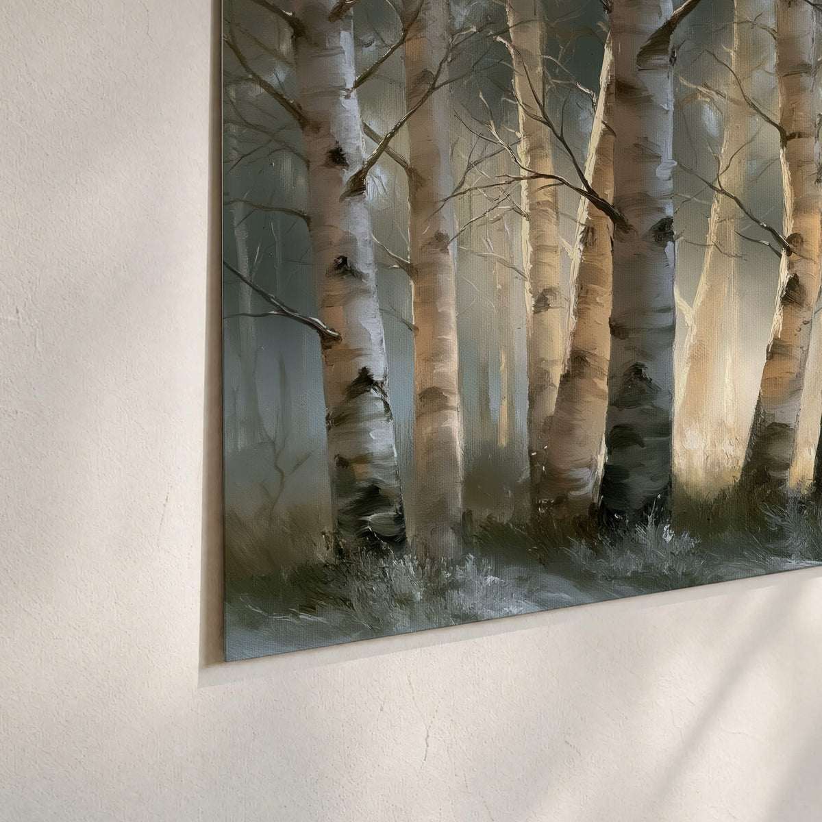 A softly lit woodland path winding between pale birch trunks set of 3 poster prints material and edge close up