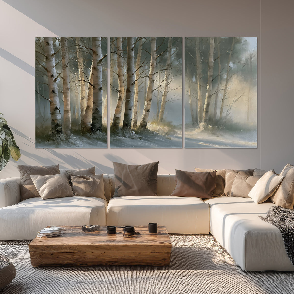 A softly lit woodland path winding between pale birch trunks set of 3 poster prints displayed in a living room