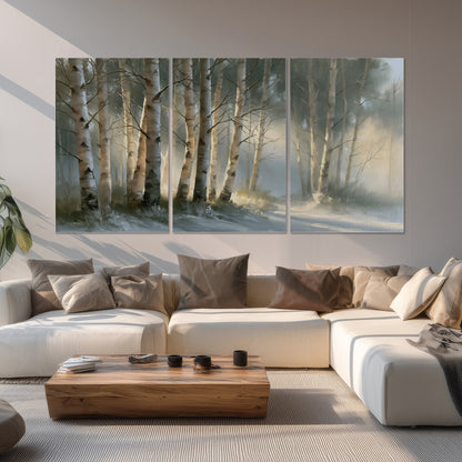 A softly lit woodland path winding between pale birch trunks set of 3 poster prints displayed in a living room