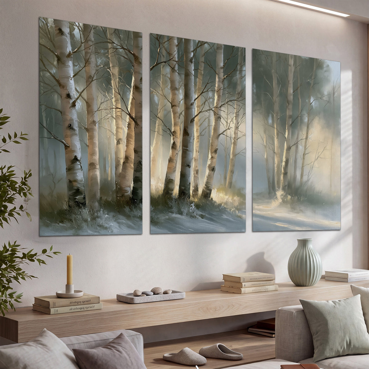 A softly lit woodland path winding between pale birch trunks set of 3 poster prints displayed in a console