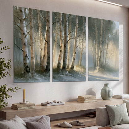 A softly lit woodland path winding between pale birch trunks set of 3 poster prints displayed in a console