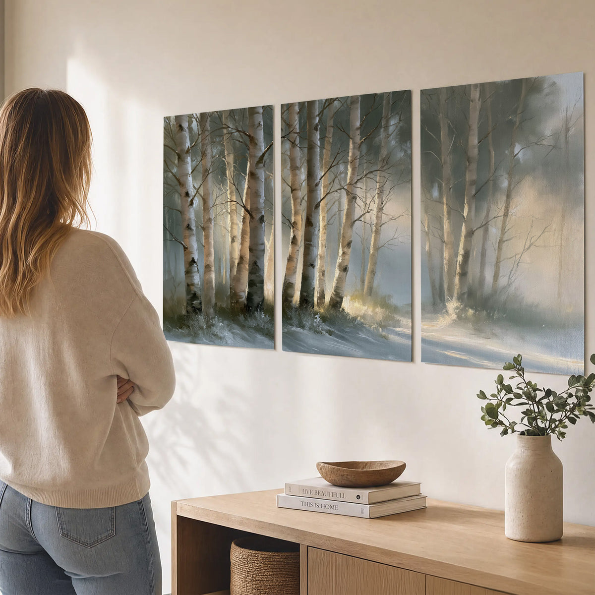 A softly lit woodland path winding between pale birch trunks set of 3 poster prints three panel arrangement on a wall
