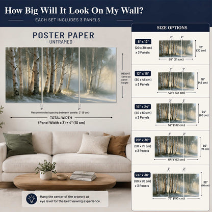 A softly lit woodland path winding between pale birch trunks set of 3 poster prints size guide above a sofa; room view is illustrative
