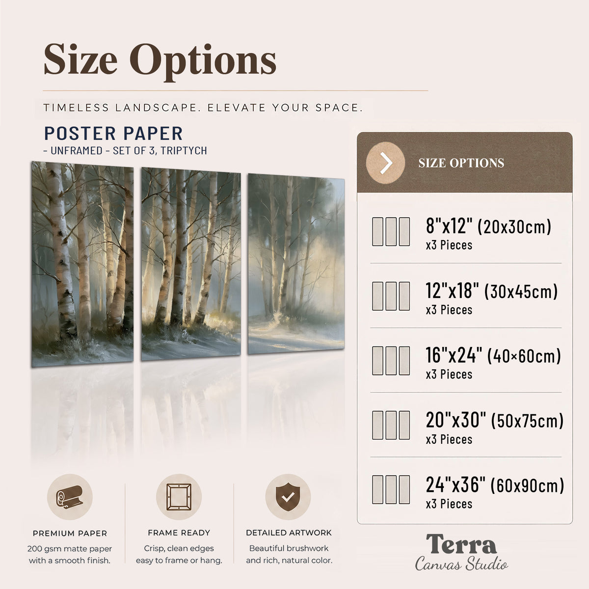 A softly lit woodland path winding between pale birch trunks set of 3 poster prints available dimensions; triptych dimensions are per panel