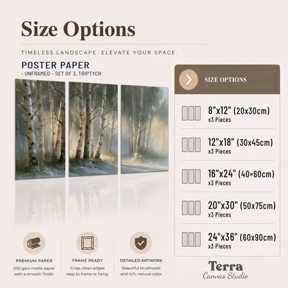 A softly lit woodland path winding between pale birch trunks set of 3 poster prints available dimensions; triptych dimensions are per panel