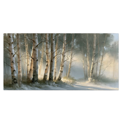 A softly lit woodland path winding between pale birch trunks single canvas wall art viewed straight on