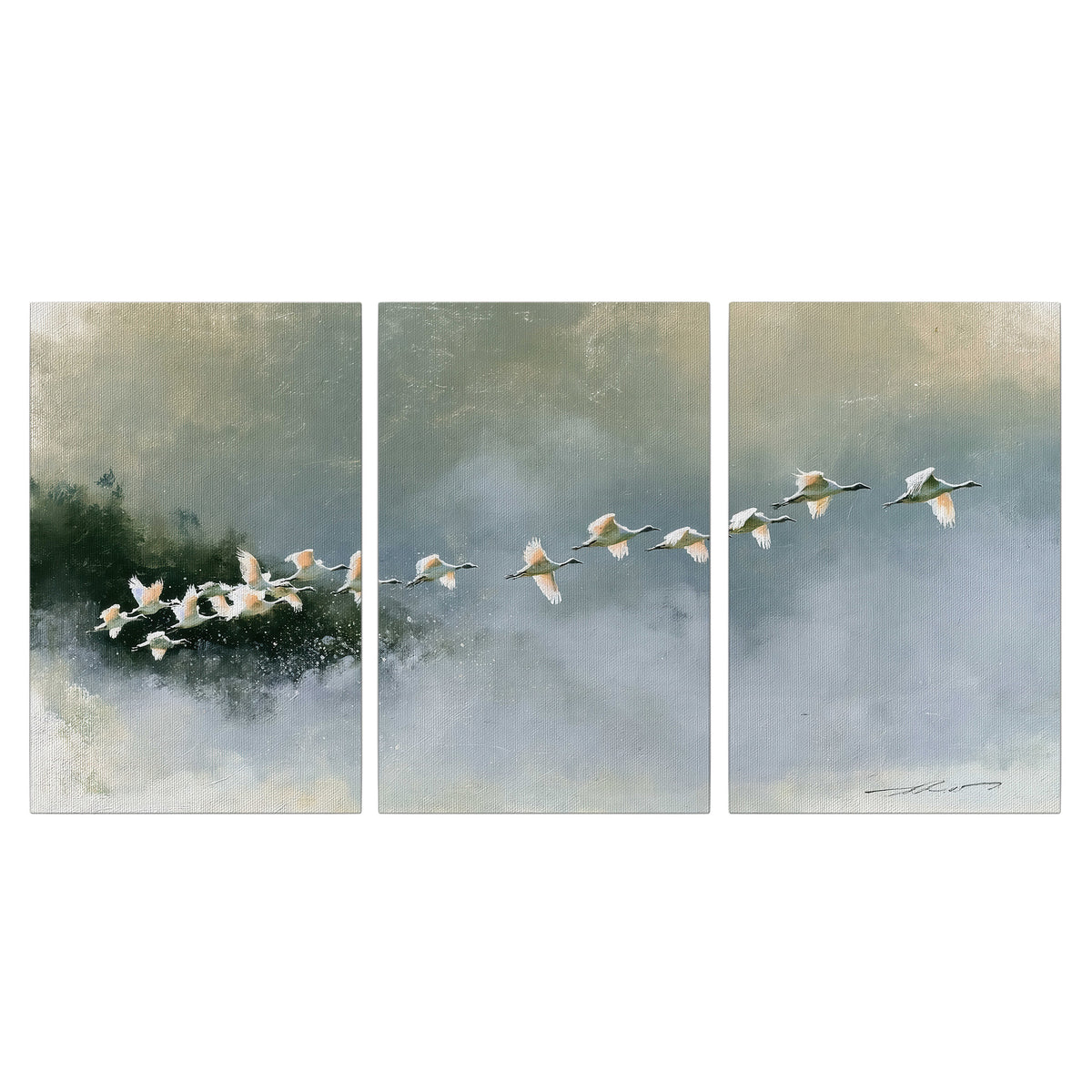 A flock of white birds flying low above a quiet blue-green lake 3 piece canvas wall art viewed straight on