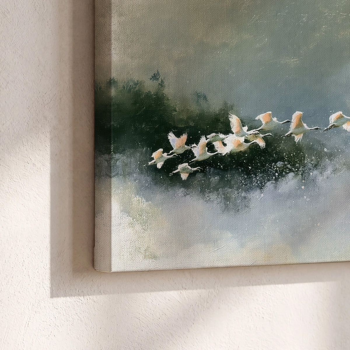 A flock of white birds flying low above a quiet blue-green lake 3 piece canvas wall art material and edge close up