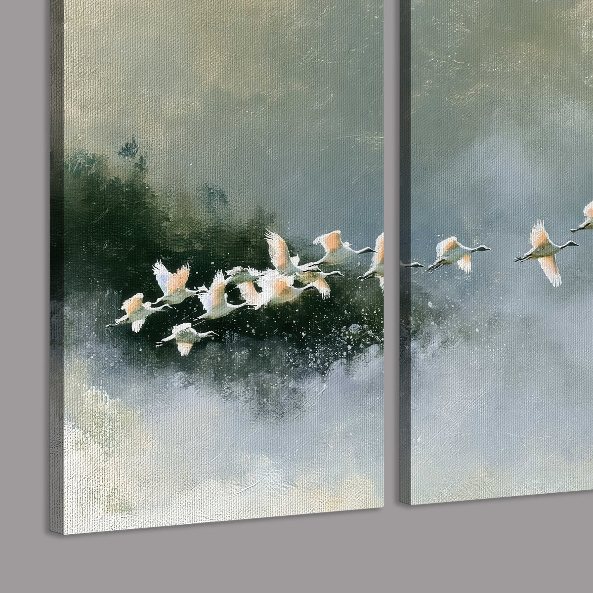 A flock of white birds flying low above a quiet blue-green lake 3 piece canvas wall art room and product view
