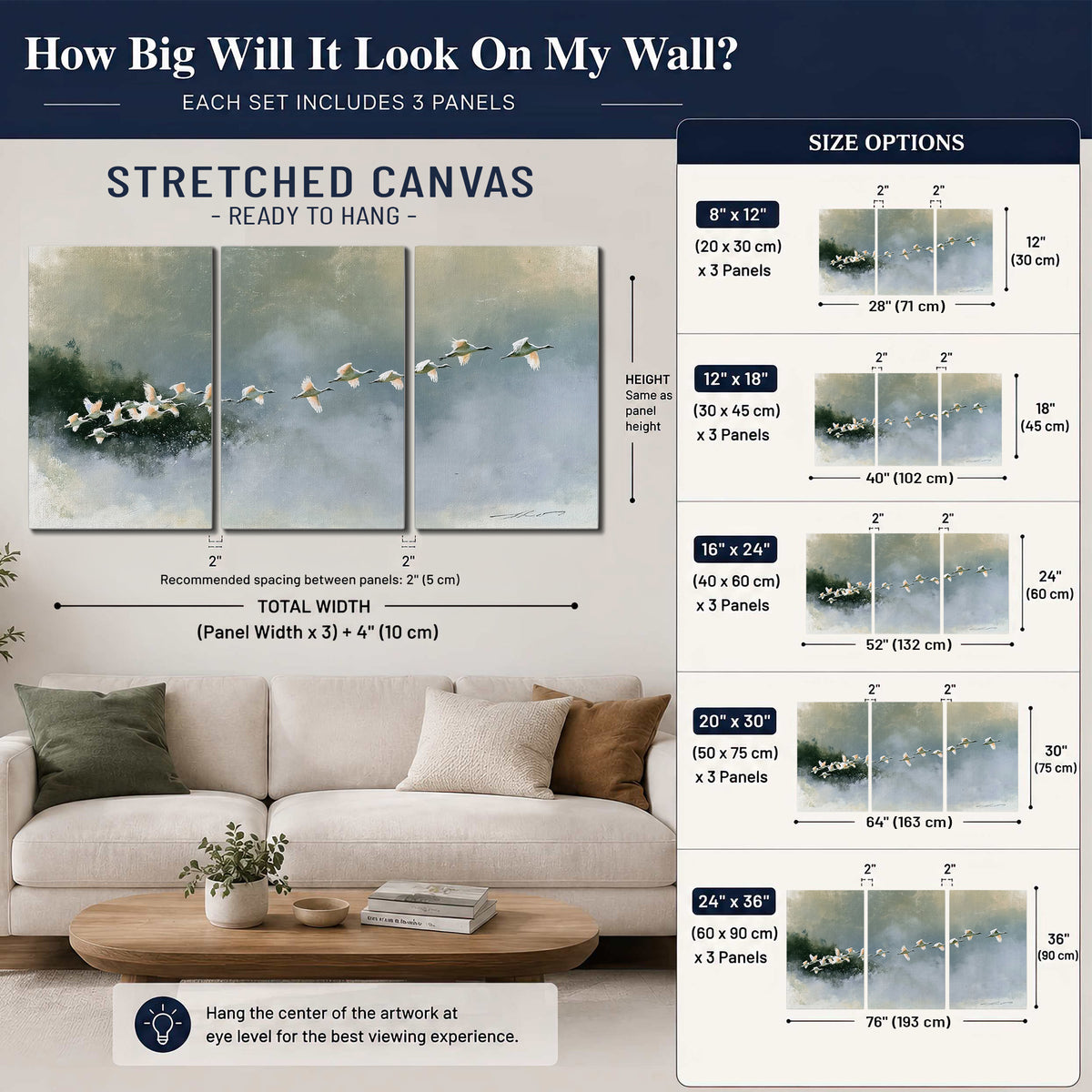A flock of white birds flying low above a quiet blue-green lake 3 piece canvas wall art size guide above a sofa; room view is illustrative