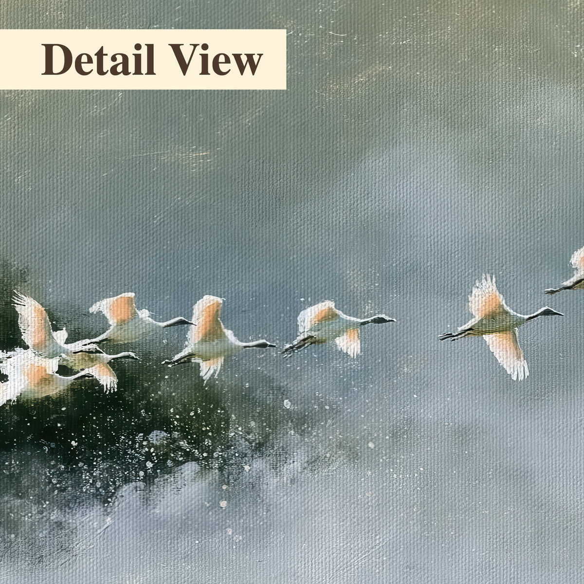 A flock of white birds flying low above a quiet blue-green lake 3 piece canvas wall art artwork detail close up