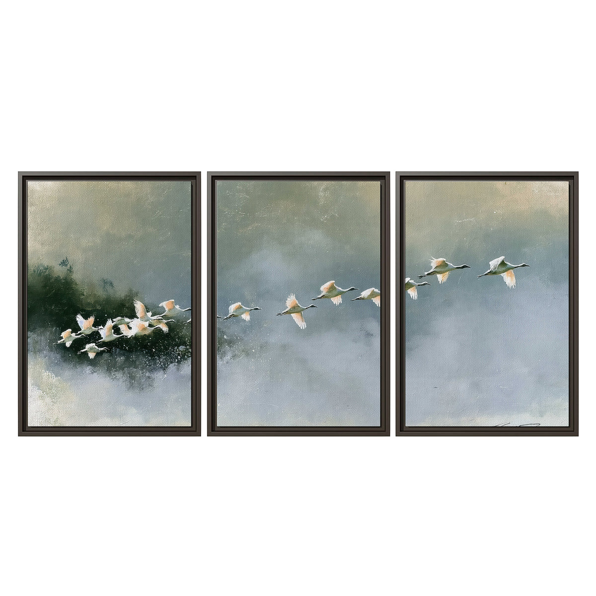 A flock of white birds flying low above a quiet blue-green lake 3 piece framed canvas wall art viewed straight on