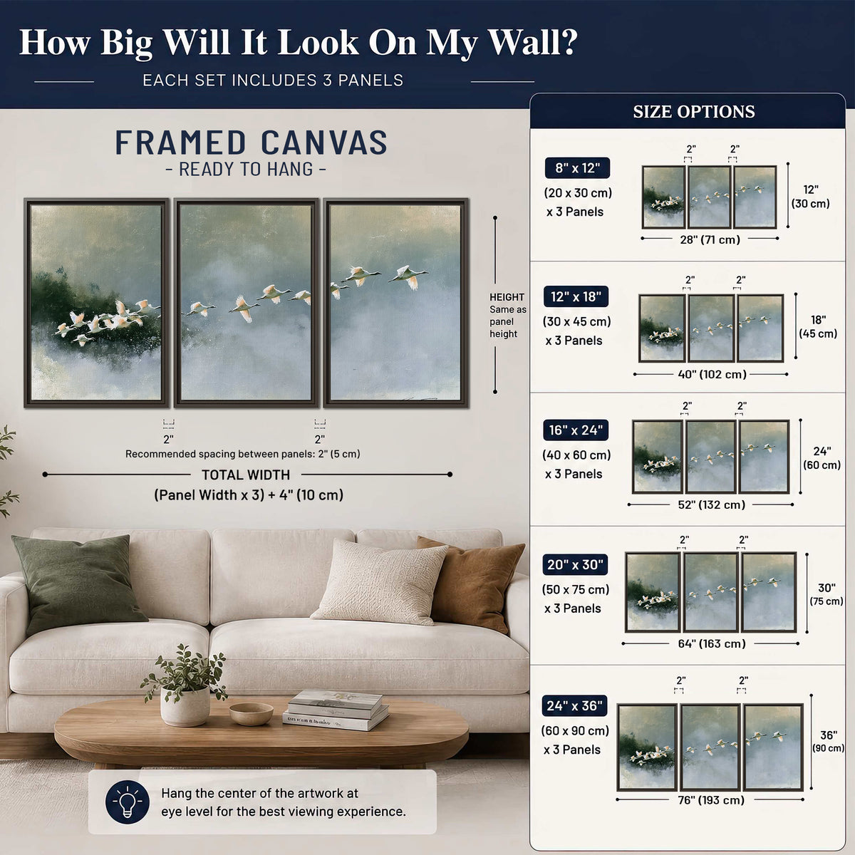 A flock of white birds flying low above a quiet blue-green lake 3 piece framed canvas wall art size guide above a sofa; room view is illustrative