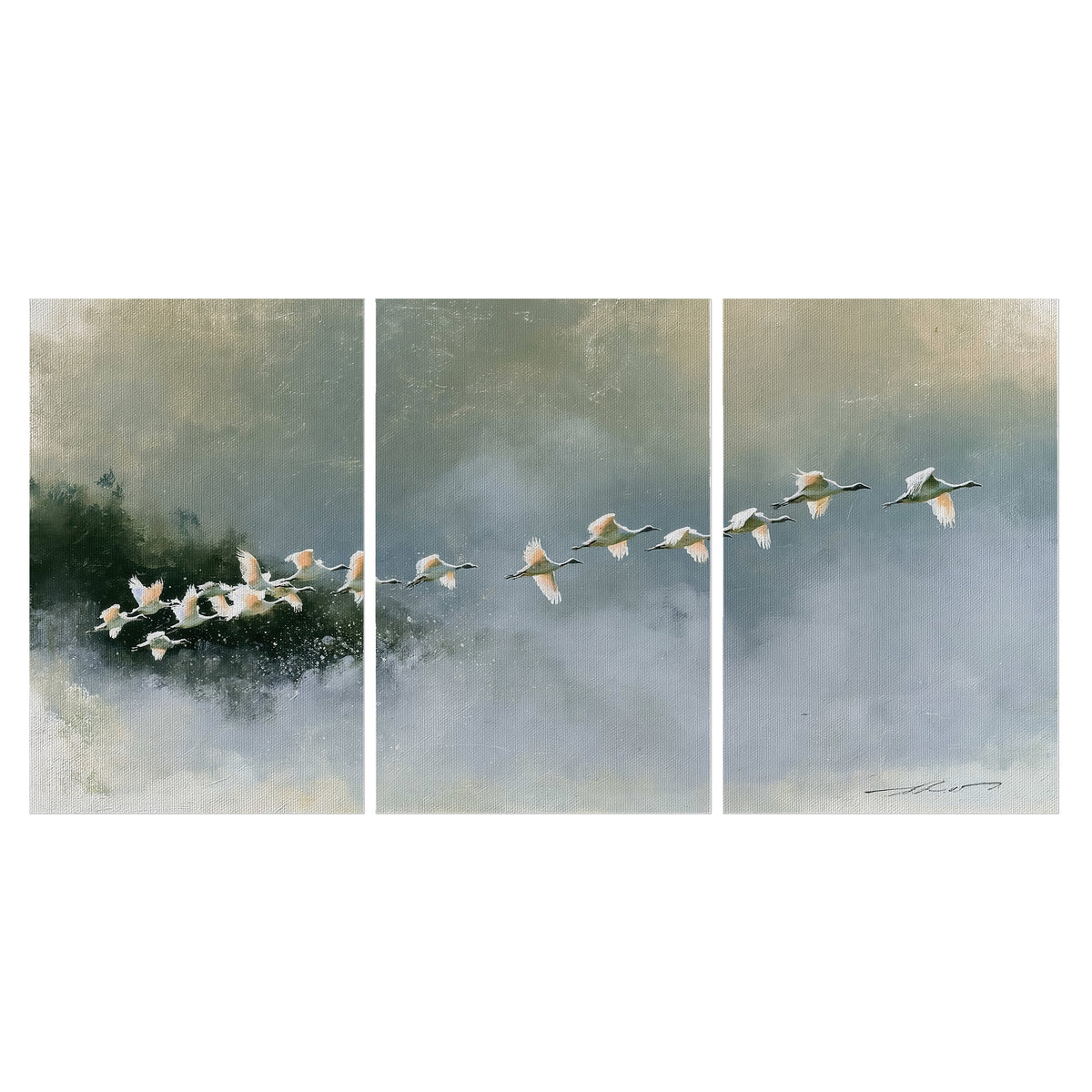 A flock of white birds flying low above a quiet blue-green lake set of 3 poster prints viewed straight on