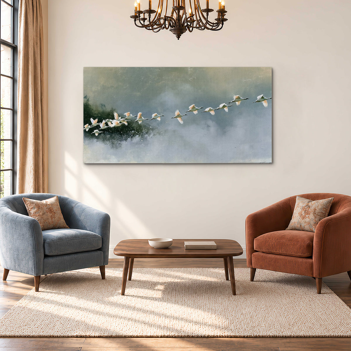 A flock of white birds flying low above a quiet blue-green lake single canvas wall art styled in an interior