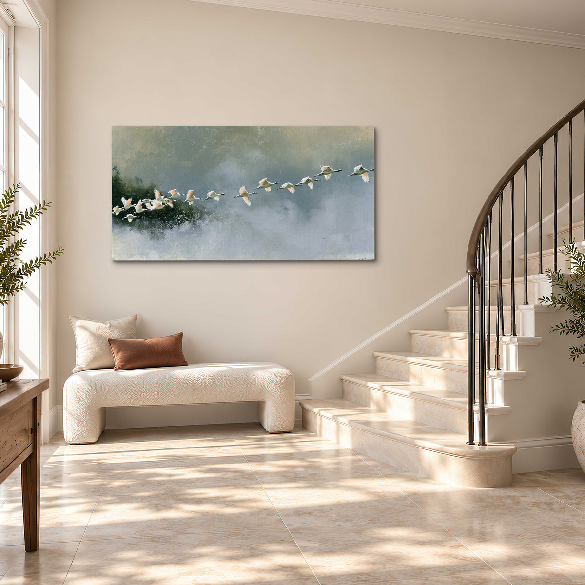 A flock of white birds flying low above a quiet blue-green lake single canvas wall art styled in an interior