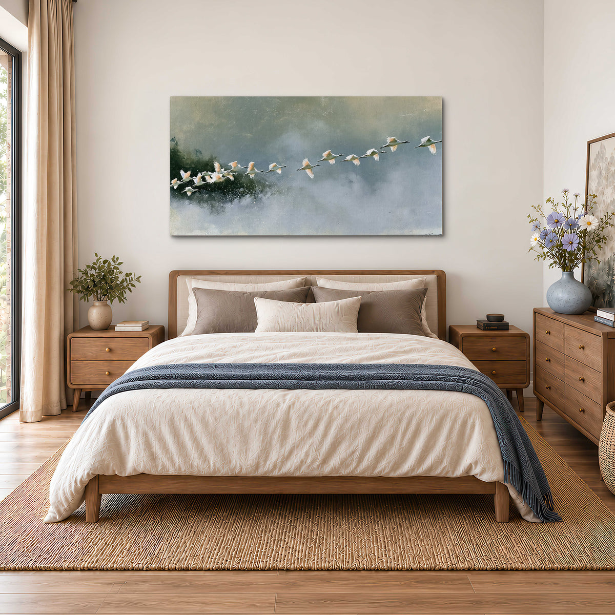 A flock of white birds flying low above a quiet blue-green lake single canvas wall art styled in an interior