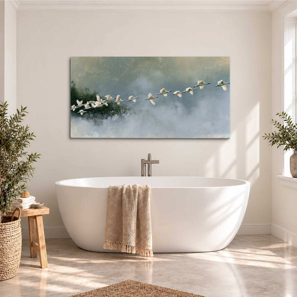 A flock of white birds flying low above a quiet blue-green lake single canvas wall art styled in an interior