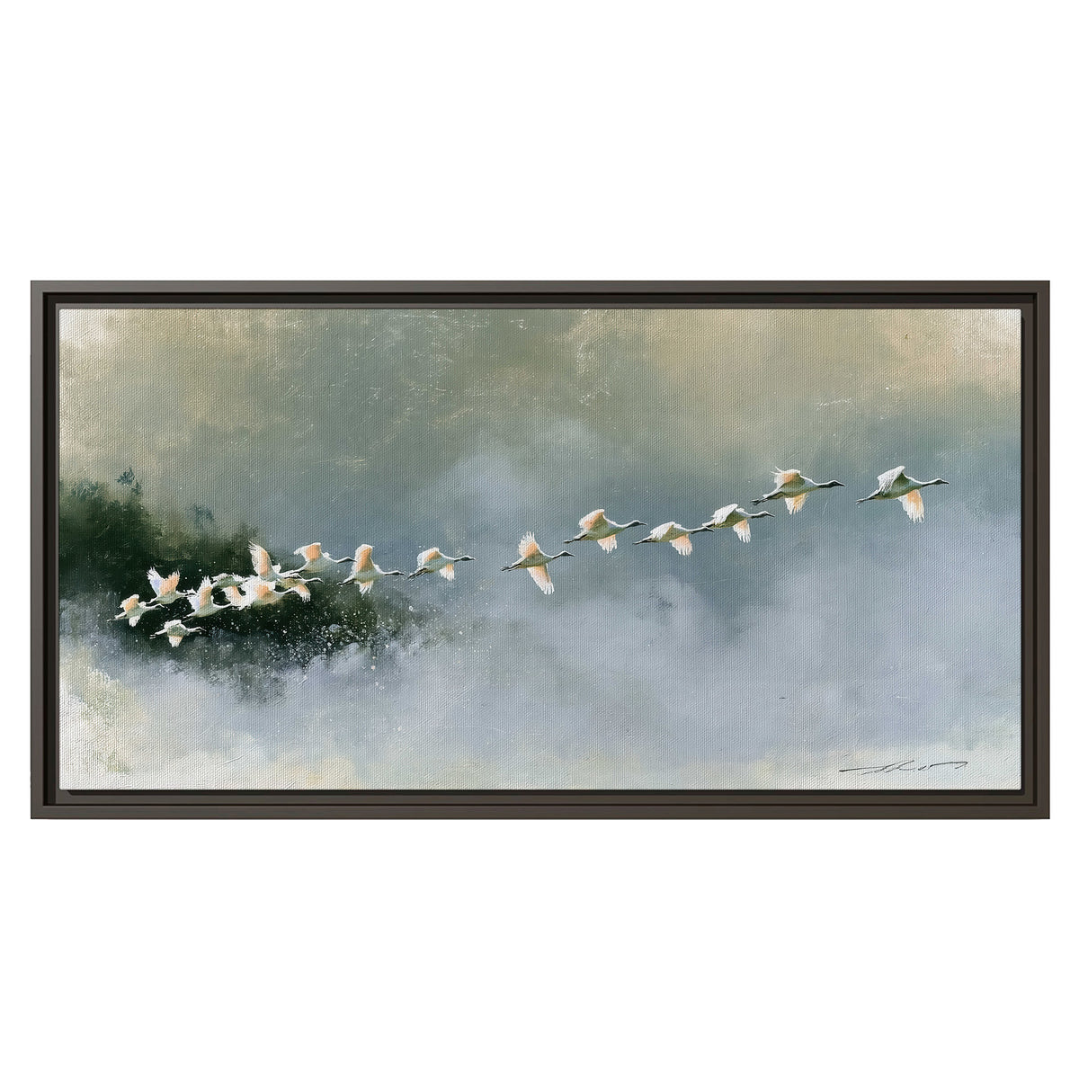 A flock of white birds flying low above a quiet blue-green lake single framed canvas wall art viewed straight on