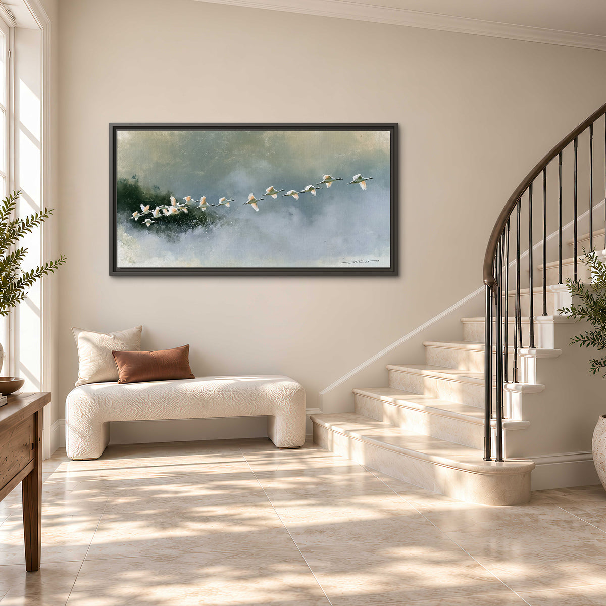 A flock of white birds flying low above a quiet blue-green lake single framed canvas wall art styled in an interior