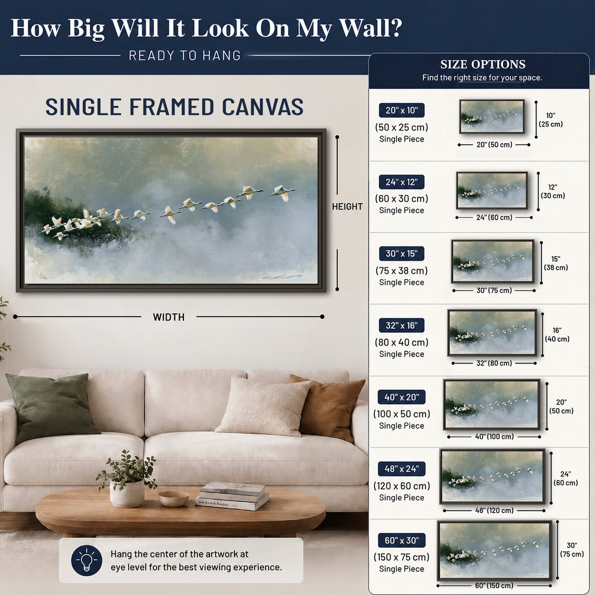 A flock of white birds flying low above a quiet blue-green lake single framed canvas wall art size guide above a sofa; room view is illustrative