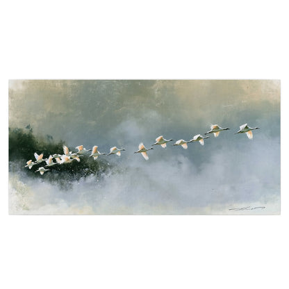 A flock of white birds flying low above a quiet blue-green lake single poster print viewed straight on