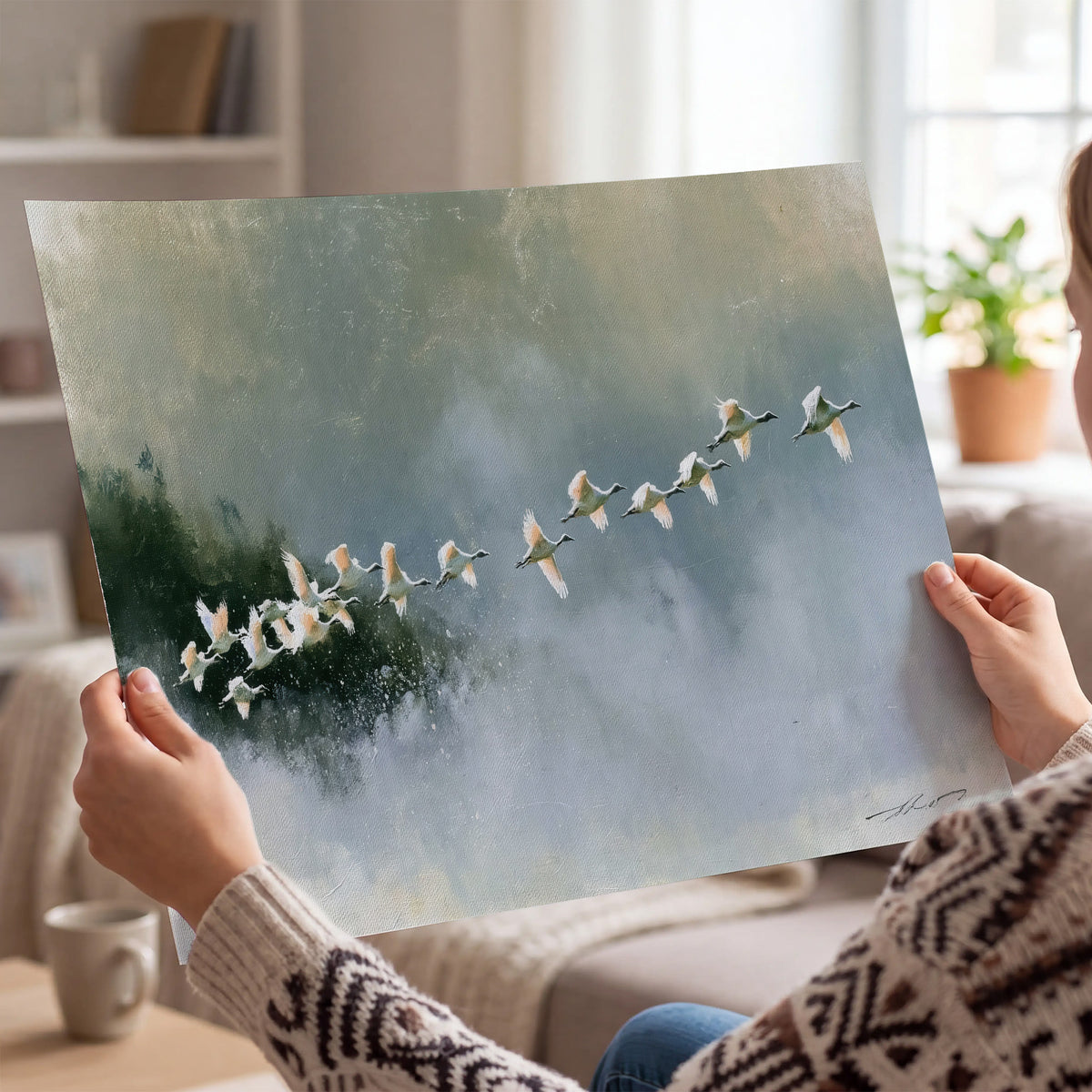 A flock of white birds flying low above a quiet blue-green lake single poster print held in hands