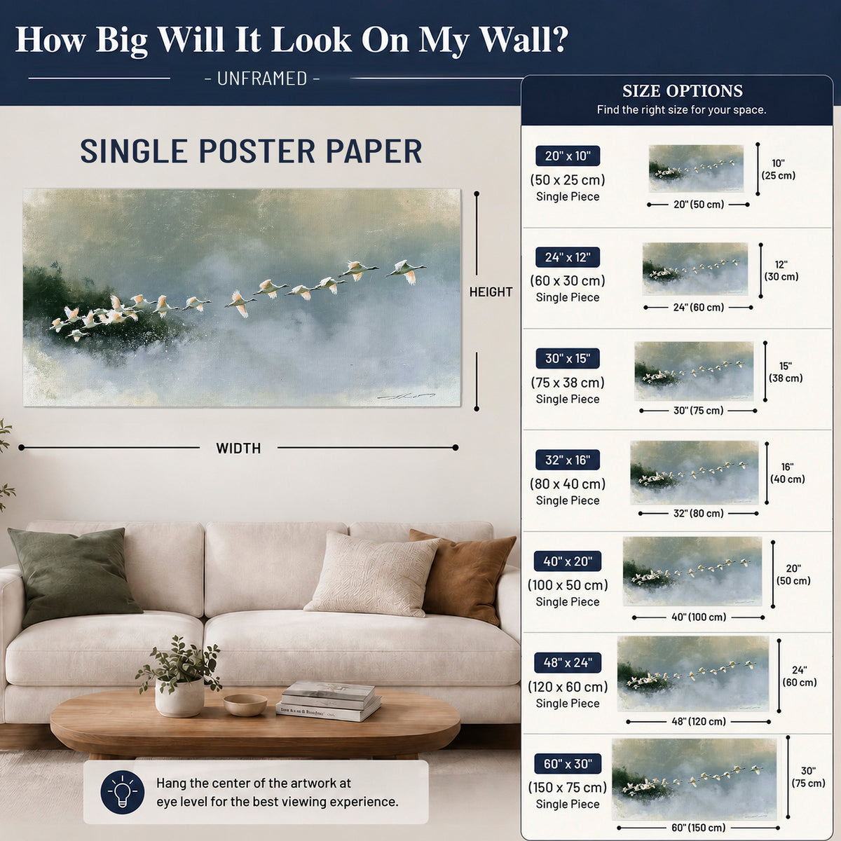 A flock of white birds flying low above a quiet blue-green lake single poster print size guide above a sofa; room view is illustrative
