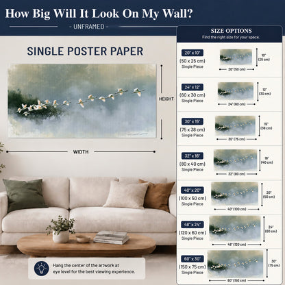 A flock of white birds flying low above a quiet blue-green lake single poster print size guide above a sofa; room view is illustrative