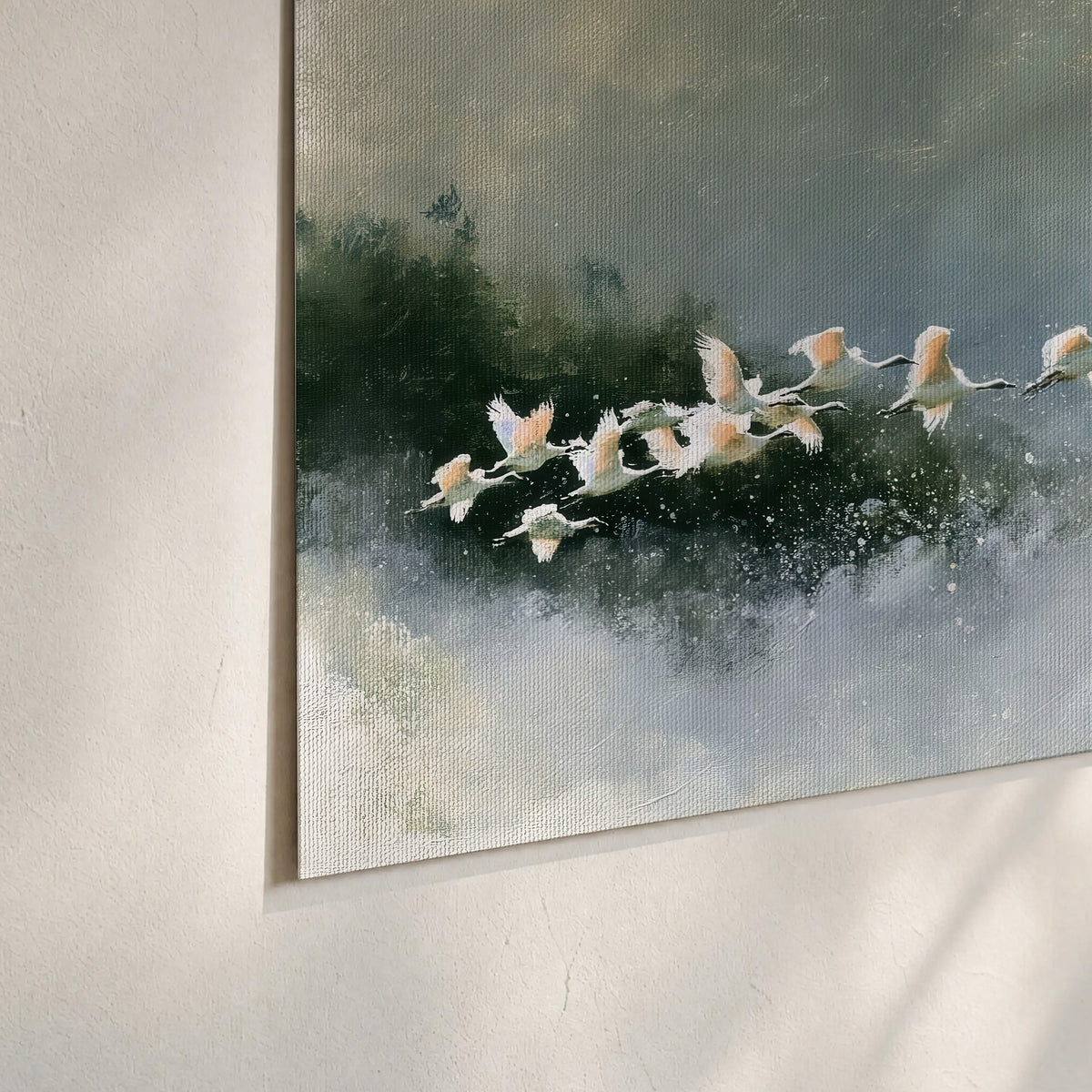 A flock of white birds flying low above a quiet blue-green lake set of 3 poster prints material and edge close up