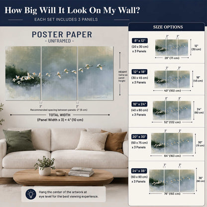 A flock of white birds flying low above a quiet blue-green lake set of 3 poster prints size guide above a sofa; room view is illustrative