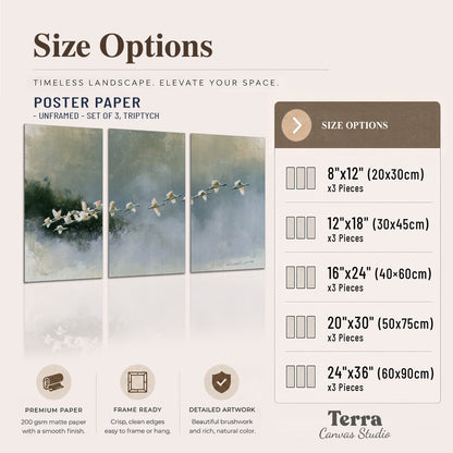 A flock of white birds flying low above a quiet blue-green lake set of 3 poster prints available dimensions; triptych dimensions are per panel
