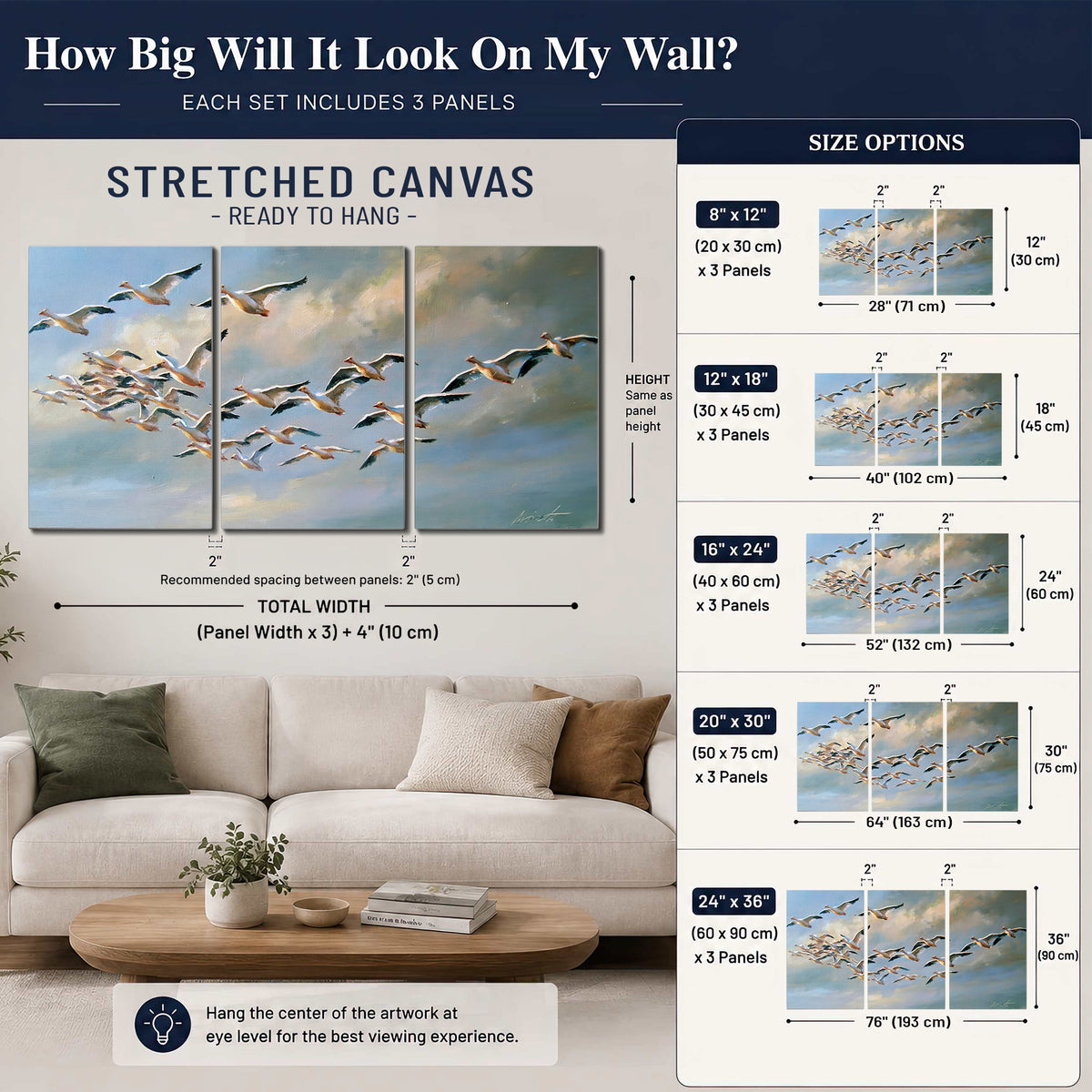 A flock of pale seabirds gliding beneath soft clouds across a blue sky 3 piece canvas wall art size guide above a sofa; room view is illustrative