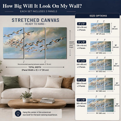 A flock of pale seabirds gliding beneath soft clouds across a blue sky 3 piece canvas wall art size guide above a sofa; room view is illustrative