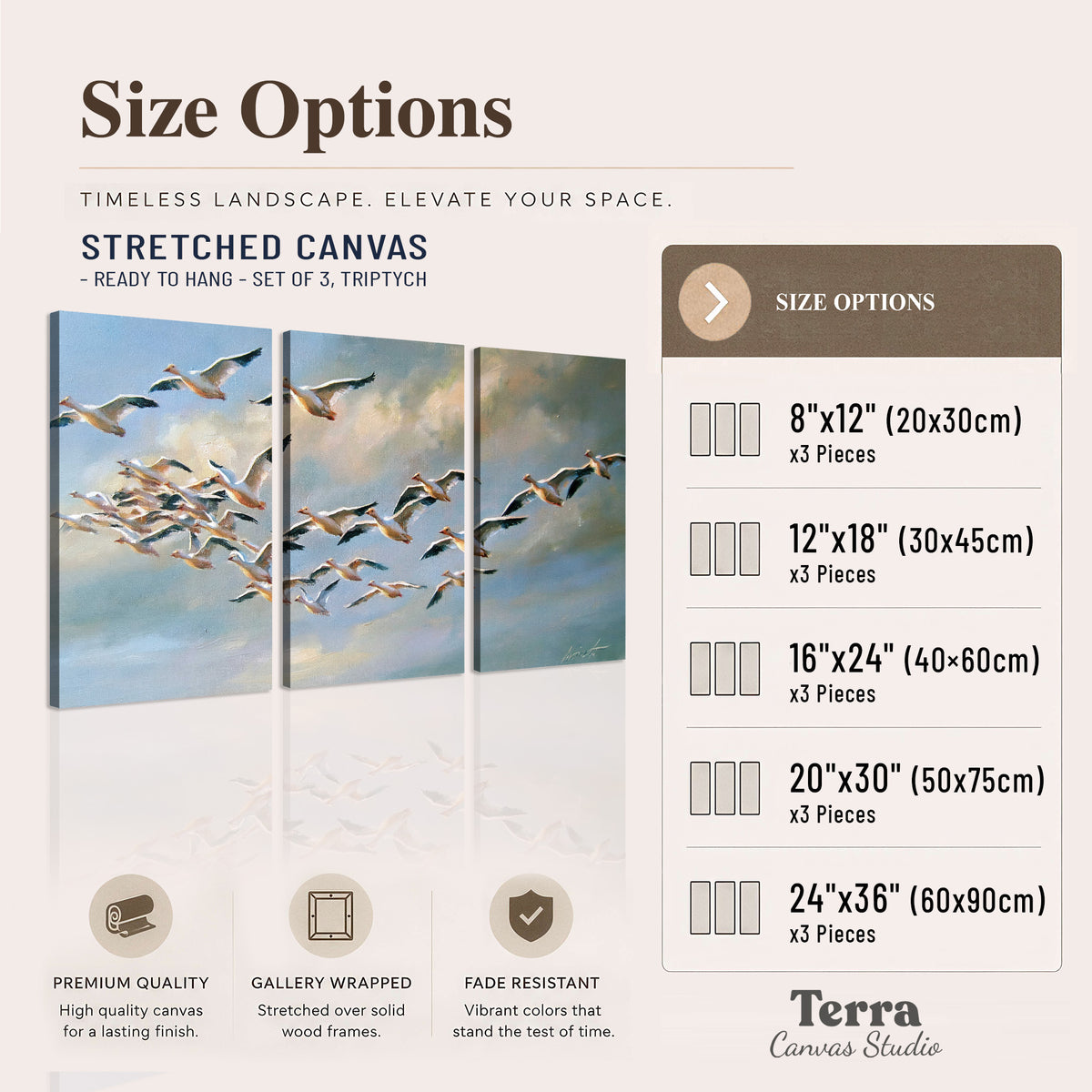 A flock of pale seabirds gliding beneath soft clouds across a blue sky 3 piece canvas wall art available dimensions; triptych dimensions are per panel