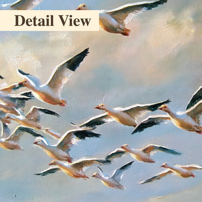 A flock of pale seabirds gliding beneath soft clouds across a blue sky 3 piece canvas wall art artwork detail close up