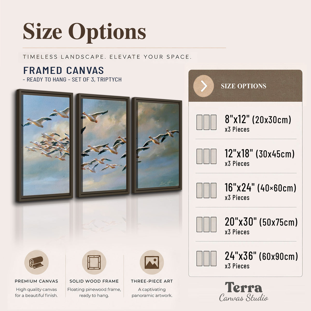 A flock of pale seabirds gliding beneath soft clouds across a blue sky 3 piece framed canvas wall art available dimensions; triptych dimensions are per panel